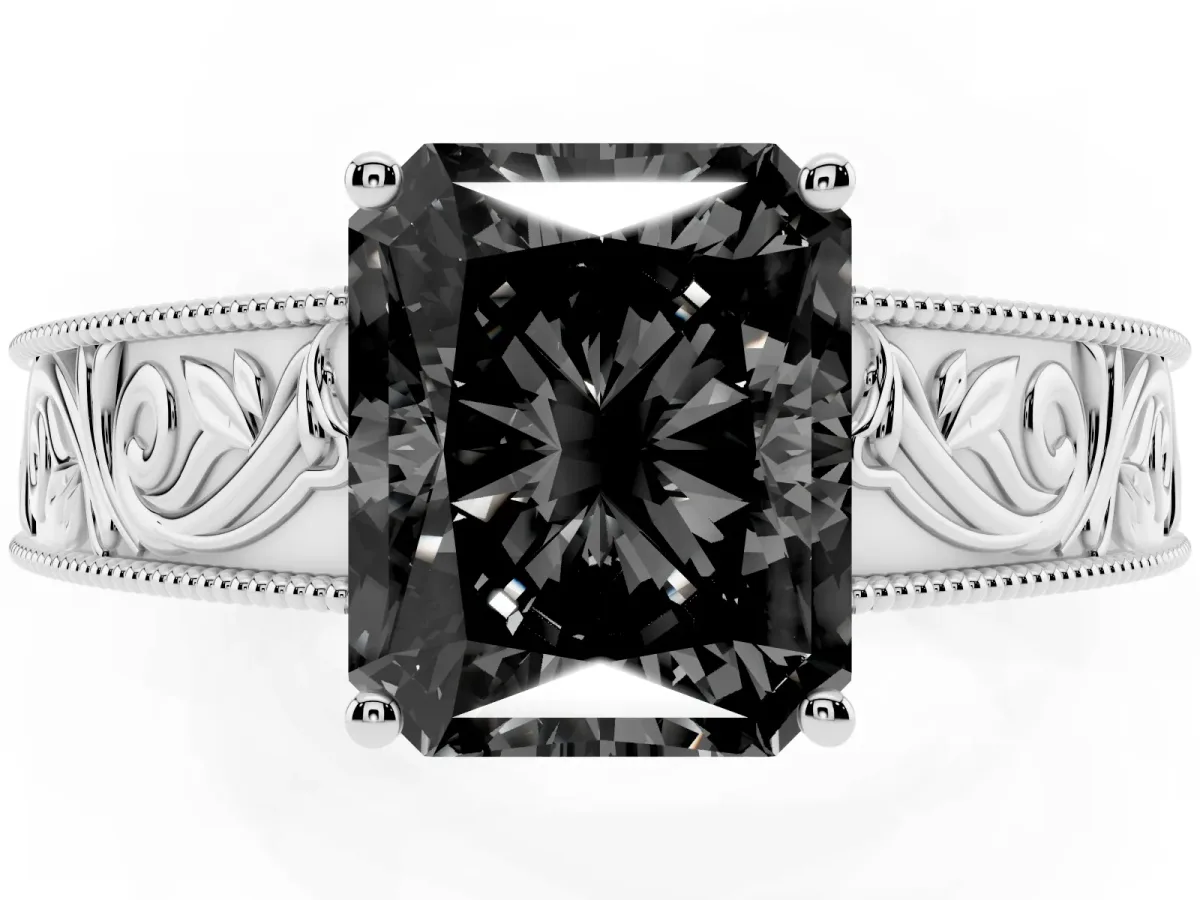 Fancy Black Radiant Cut Diamond Solitaire Ring with Engraved Band and Four-Prong Setting Platinum