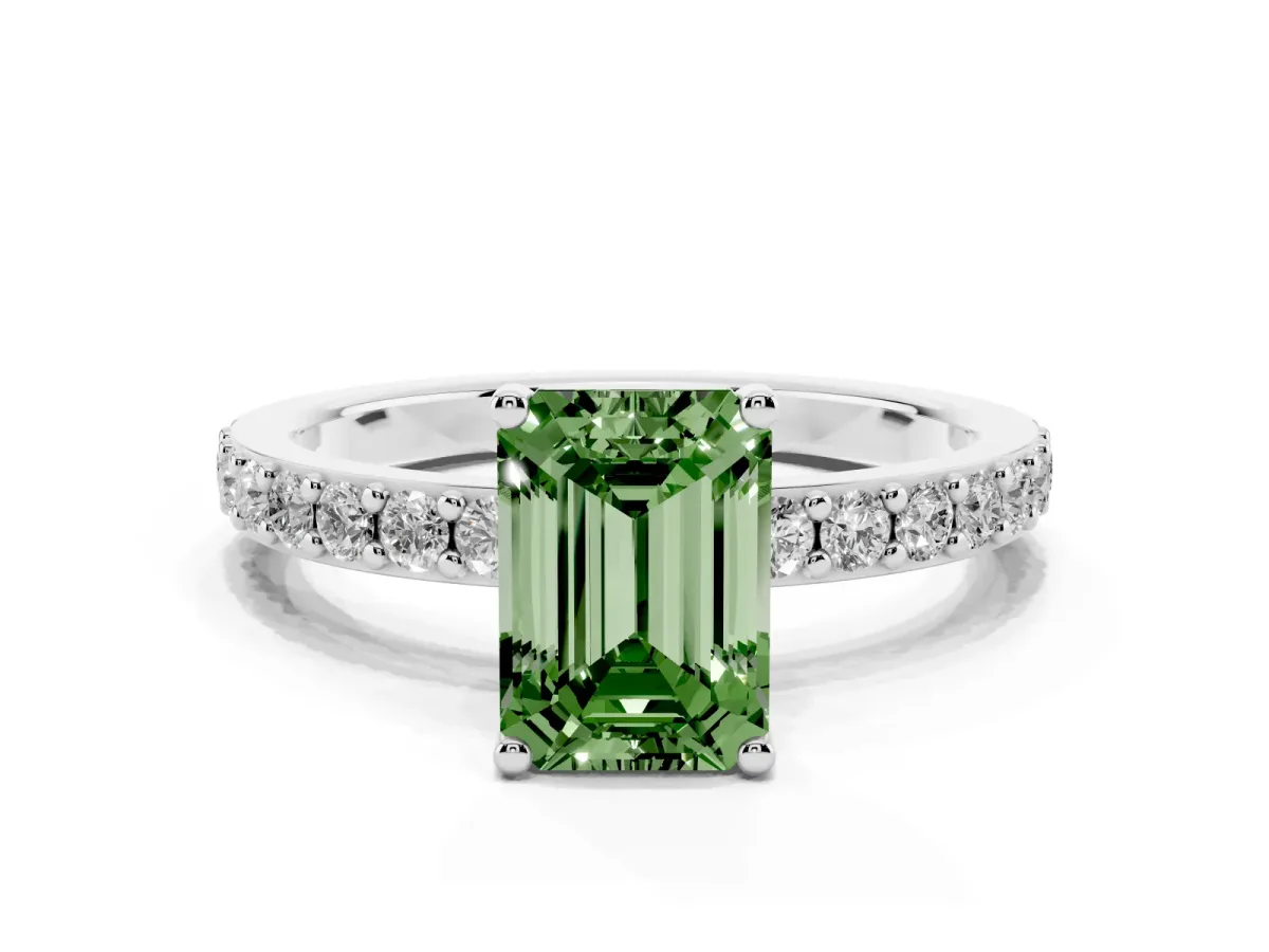 Fancy Green Emerald Cut Cut Diamond Solitaire with Pave Band and Four-Prong Setting Silver