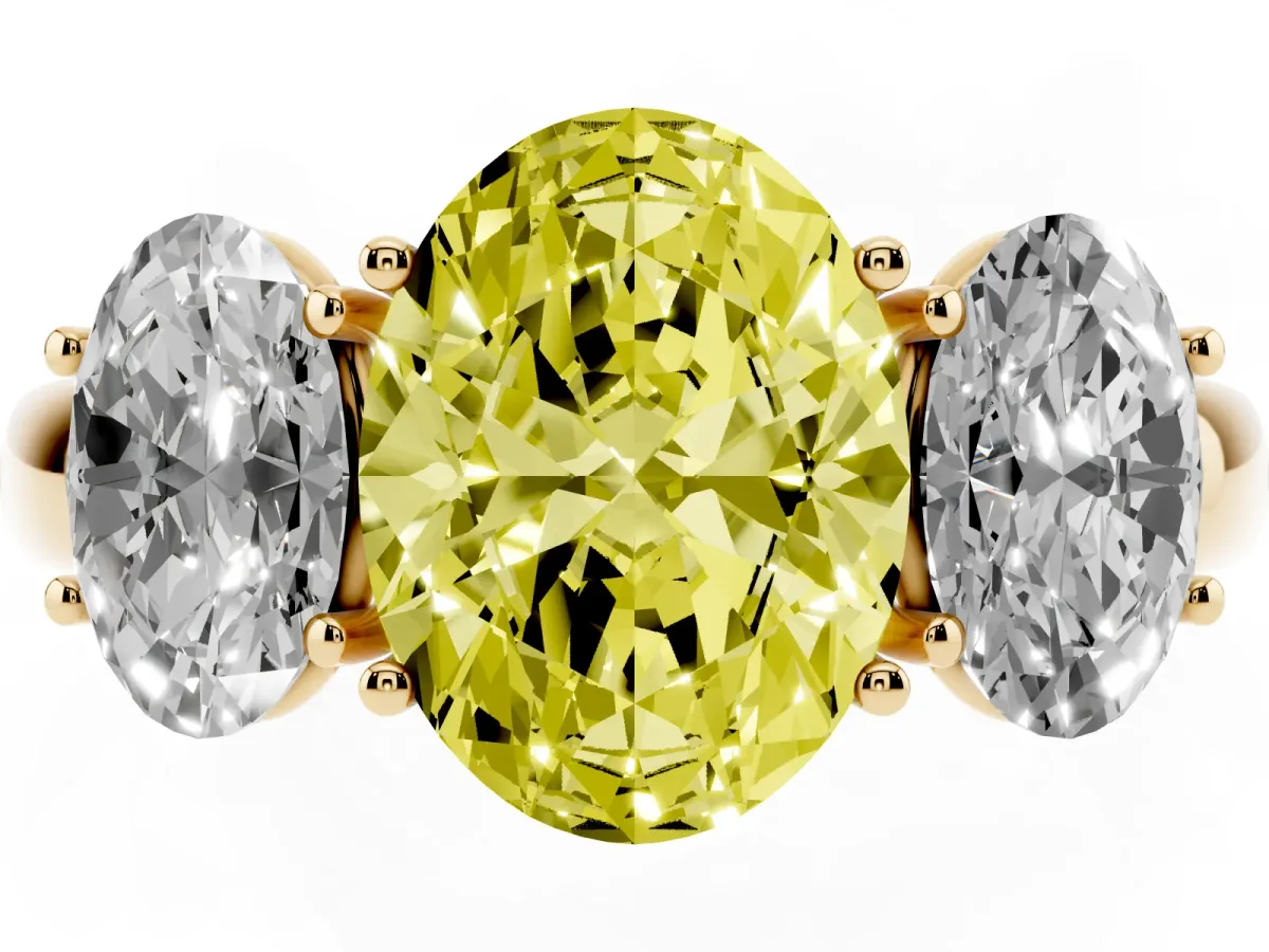 Fancy Yellow Oval Cut Diamond Three-Stone Ring with Four-Prong Setting and Classic Band Yellow gold