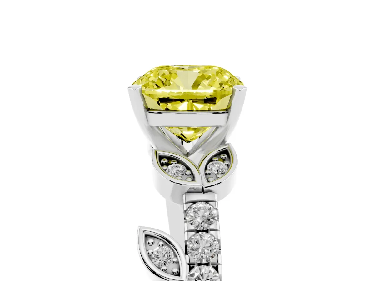Fancy Yellow Cushion Cut Solitaire Leaf-Inspired Diamond Ring with Pavé Band and Four-Prong Setting Silver