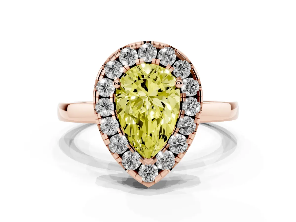 Fancy Yellow Pear Cut Halo Diamond Solitaire with Pavé Band and Four-Prong Setting Rose gold