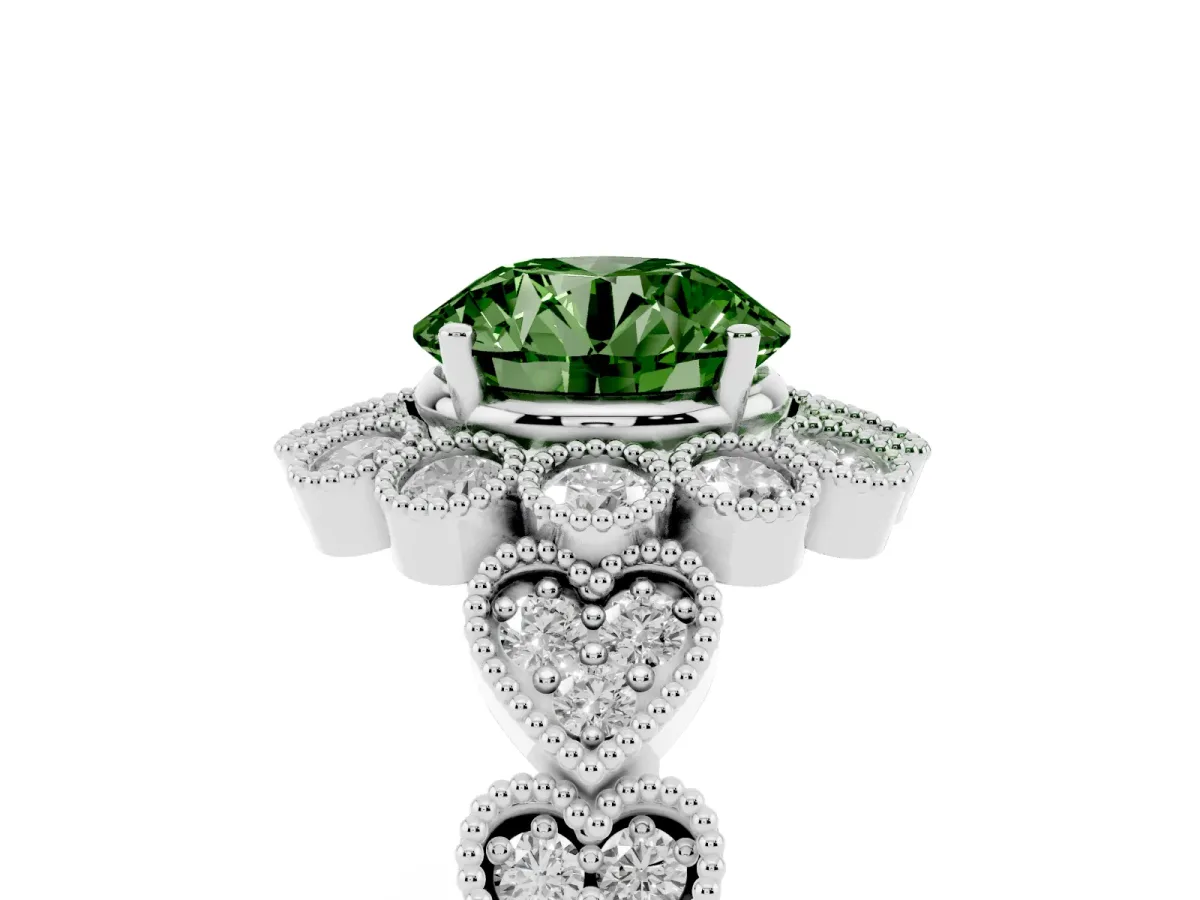 Fancy Green Round Cut Brilliant Milgrain Pave Heart Band Solitaire Ring Platinum