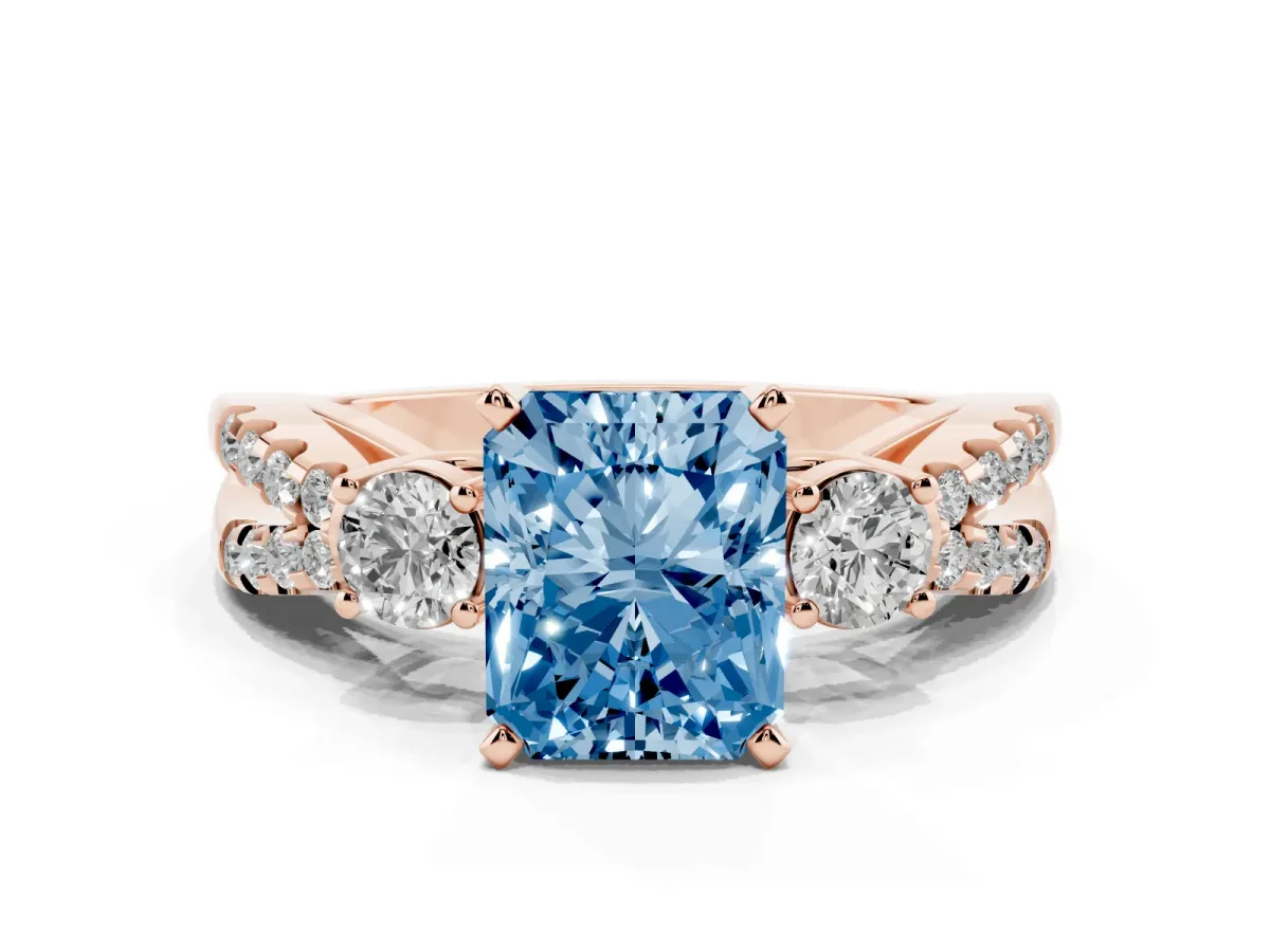 Fancy Blue Radiant Cut Diamond Three-Stone Ring with Pavé Split Shank and Four-Prong Setting Rose gold