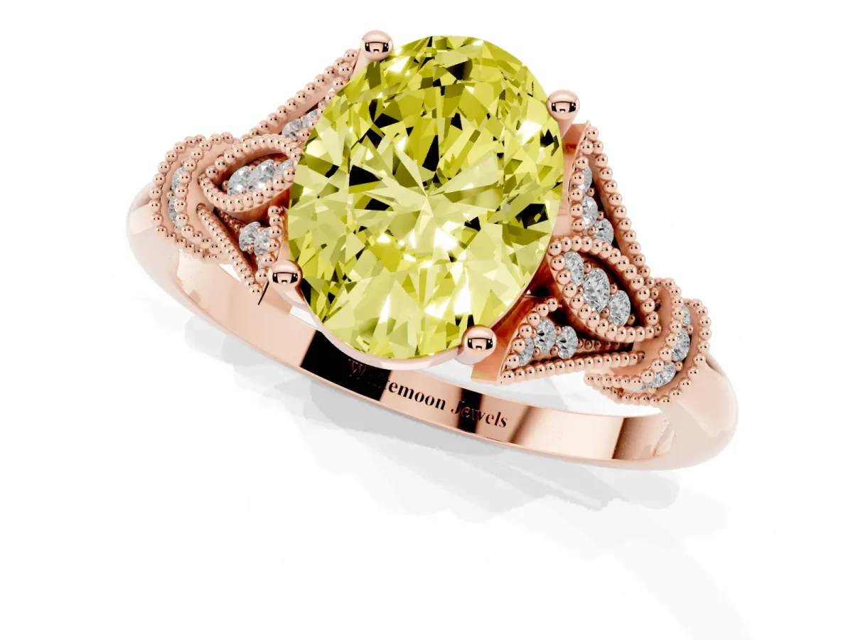 Fancy Yellow Oval Cut Diamond Solitaire Ring with Floral Filigree and Pave Accents Rose gold