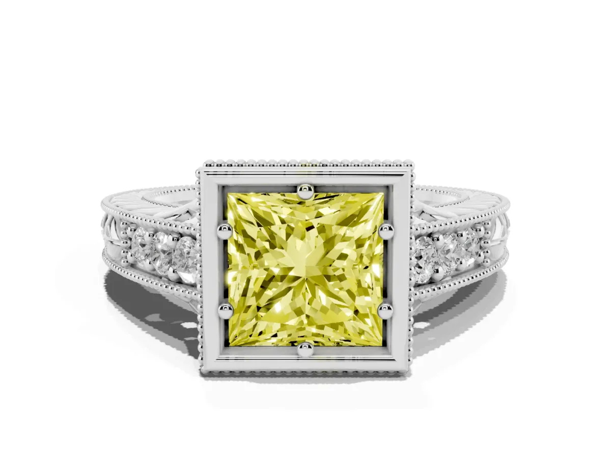 Fancy Yellow Bezel Set Princess Cut Diamond Milgrain Pave Engagement Ring Silver