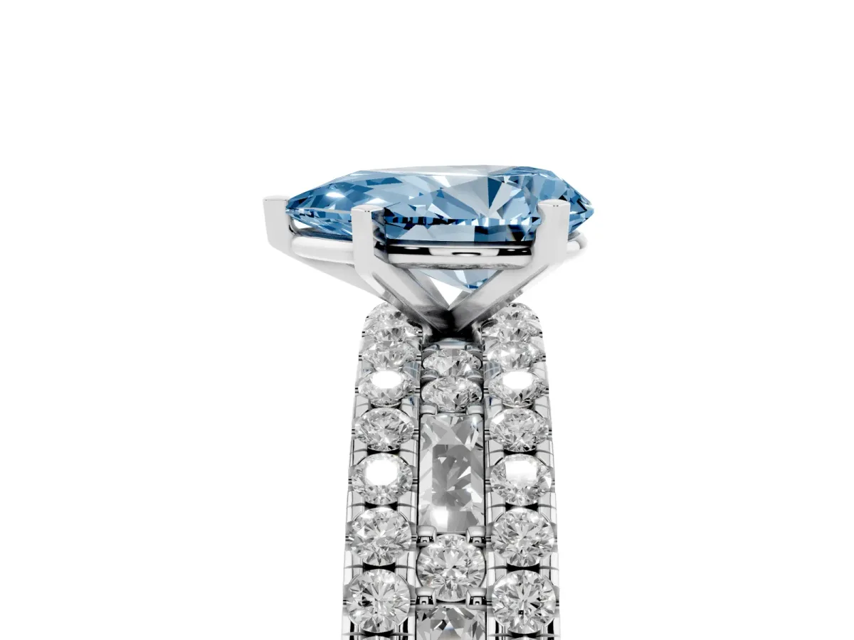 Fancy Blue Pear Cut Diamond Solitaire Ring with Pavé and Channel Set Band Silver