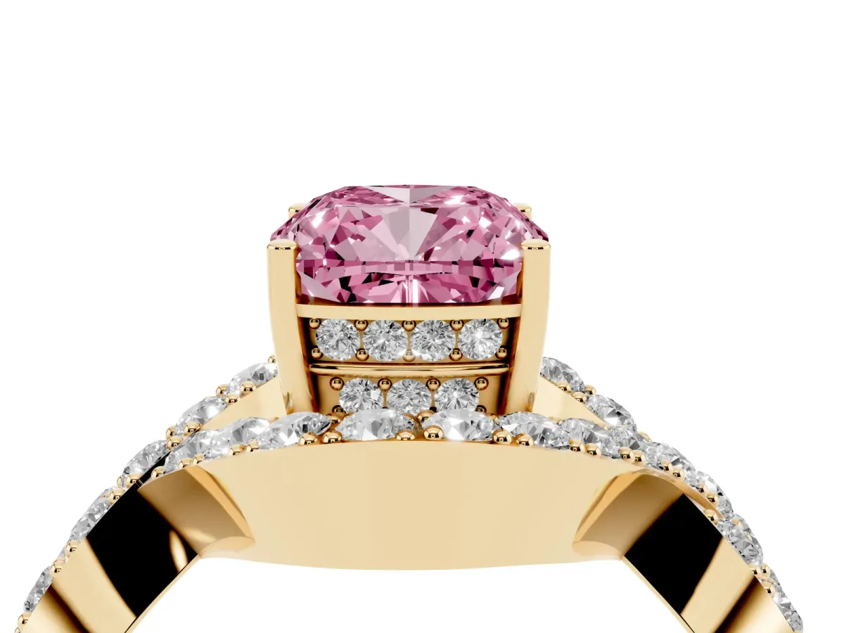 Fancy Pink Cushion Cut Solitaire Twist Band Pavé Diamond Engagement Ring Yellow gold