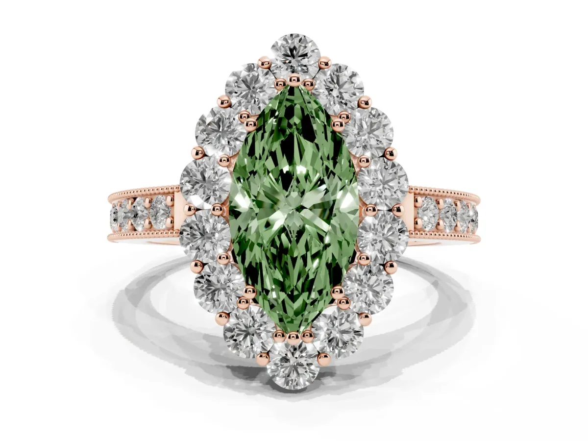 Fancy Green Marquise Cut Cut Halo Diamond Pavé Engagement Ring with Milgrain Detailing Rose gold