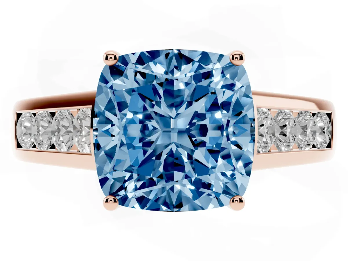 Fancy Blue Cushion Cut Brilliant Channel-Set Solitaire Ring with Four-Prong Setting Rose gold