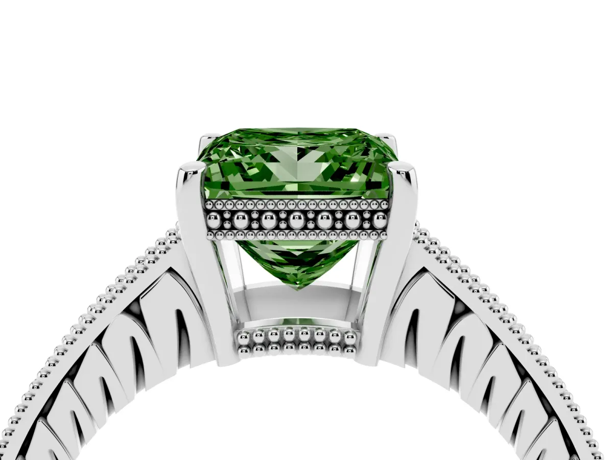 Fancy Green Princess Cut Solitaire Pavé Diamond Milgrain Engagement Ring with Four-Prong Setting Silver