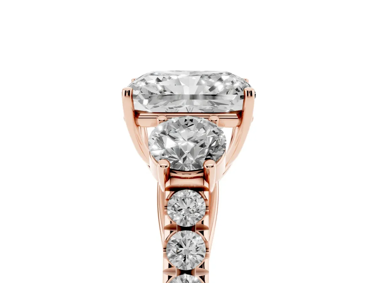 Radiant Cut Cut Diamond Three-Stone Ring with Round Side Stones and Pavé Band Rose gold
