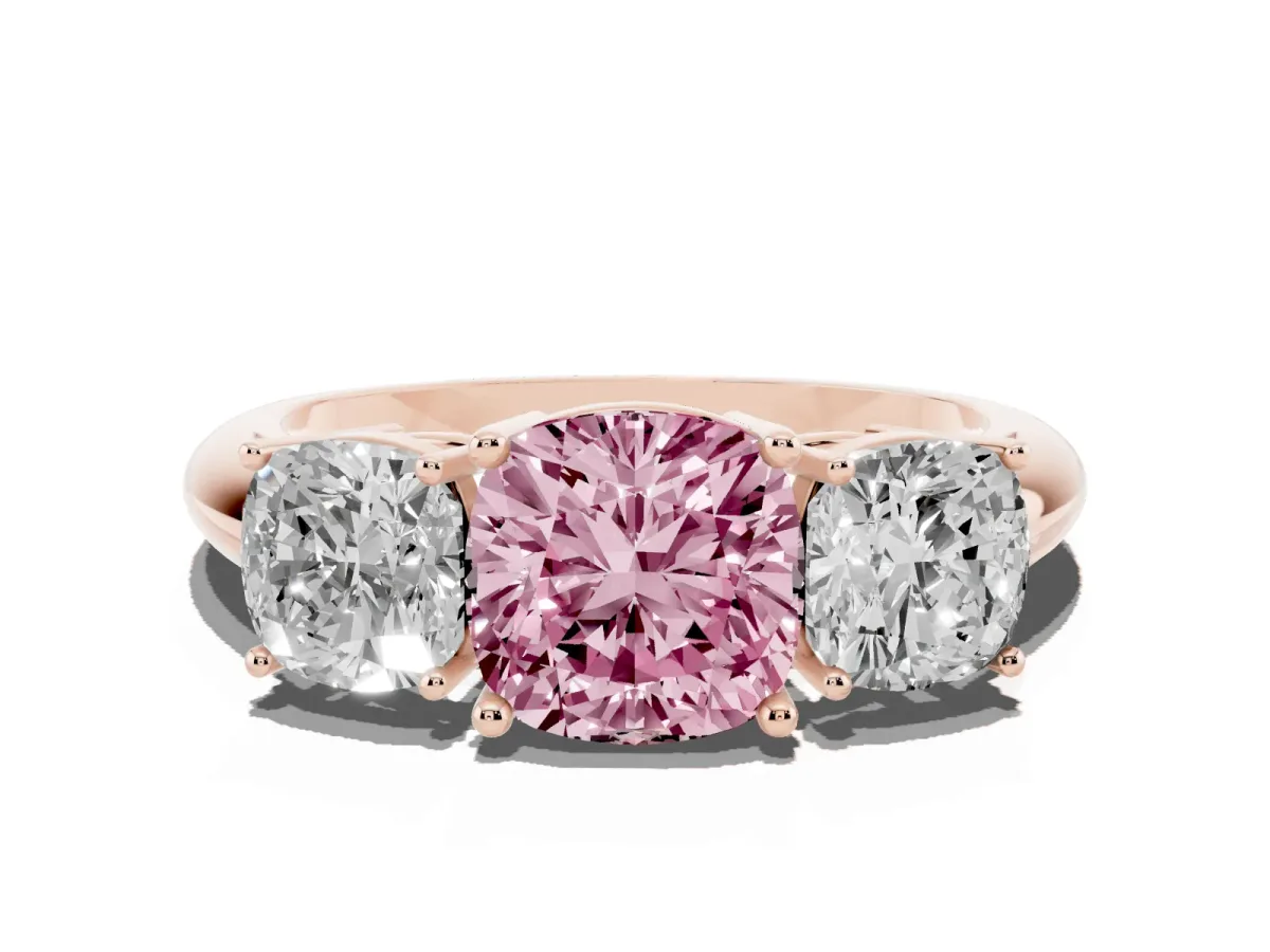 Fancy Pink Three-Stone Cushion Cut Cut Diamond Engagement Ring with Prong Setting on a White Gold Band Rose gold