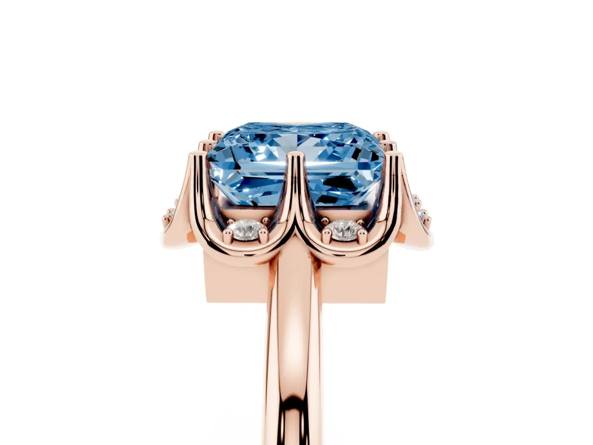 Fancy Blue Princess Cut Halo Diamond Ring with Round Cluster Setting, Solitaire Band, and Four-Prong Setting Rose gold