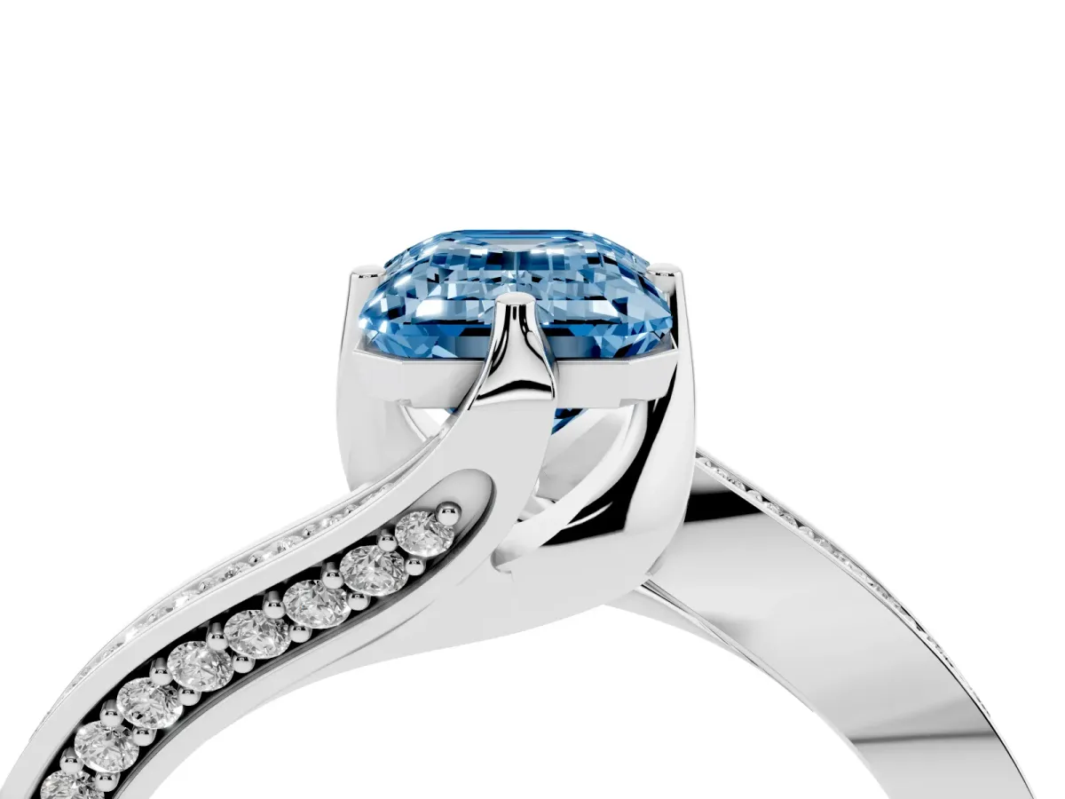 Fancy Blue Emerald Cut Solitaire Diamond Twist Band with Pavé Setting and Four-Prong Setting Silver
