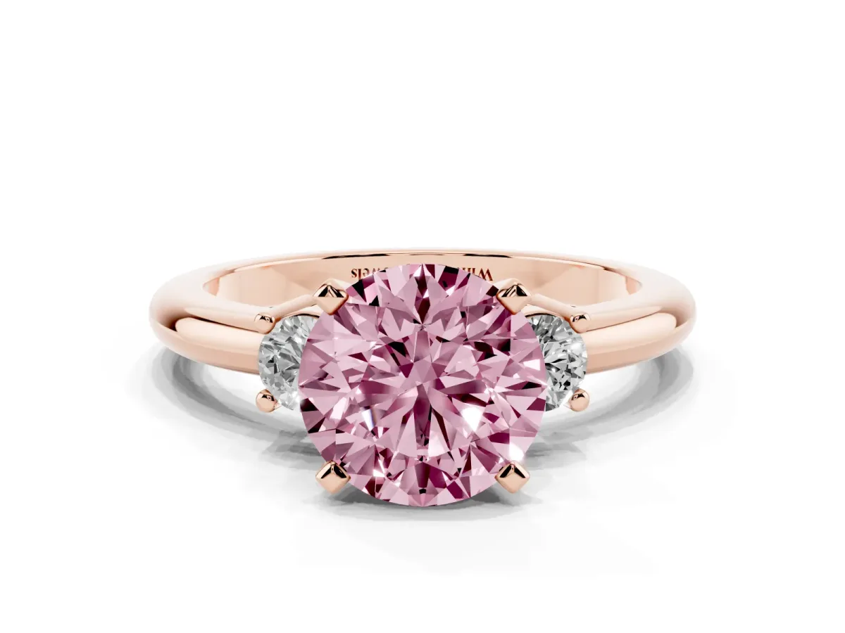 Fancy Pink Three-Stone Round Cut Cut Diamond Solitaire with Prong Setting and Classic Band Rose gold