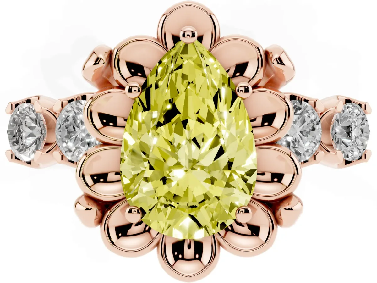 Fancy Yellow Pear Cut Cut Diamond Floral Halo Engagement Ring with Shared Prong Setting Rose gold