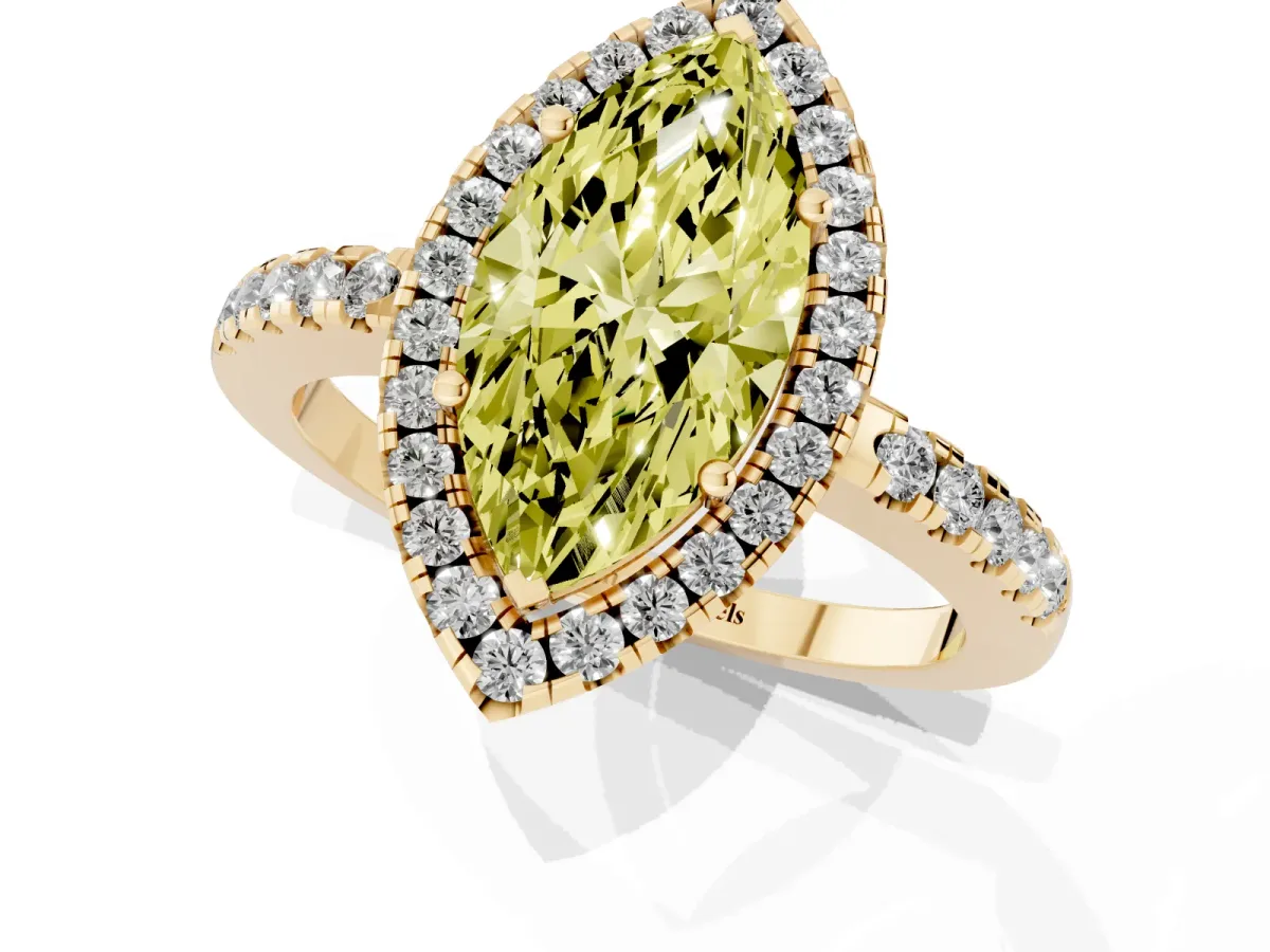 Fancy Yellow Marquise Cut Halo Diamond Engagement Ring with Pavé Band and Four-Prong Setting Yellow gold