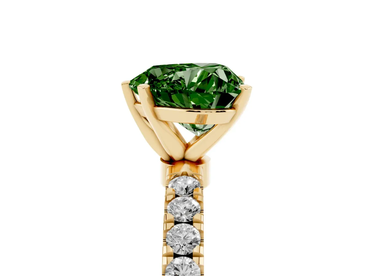 Fancy Green Heart Cut Diamond Solitaire Ring with Pavé Accents and Four-Prong Setting Yellow gold