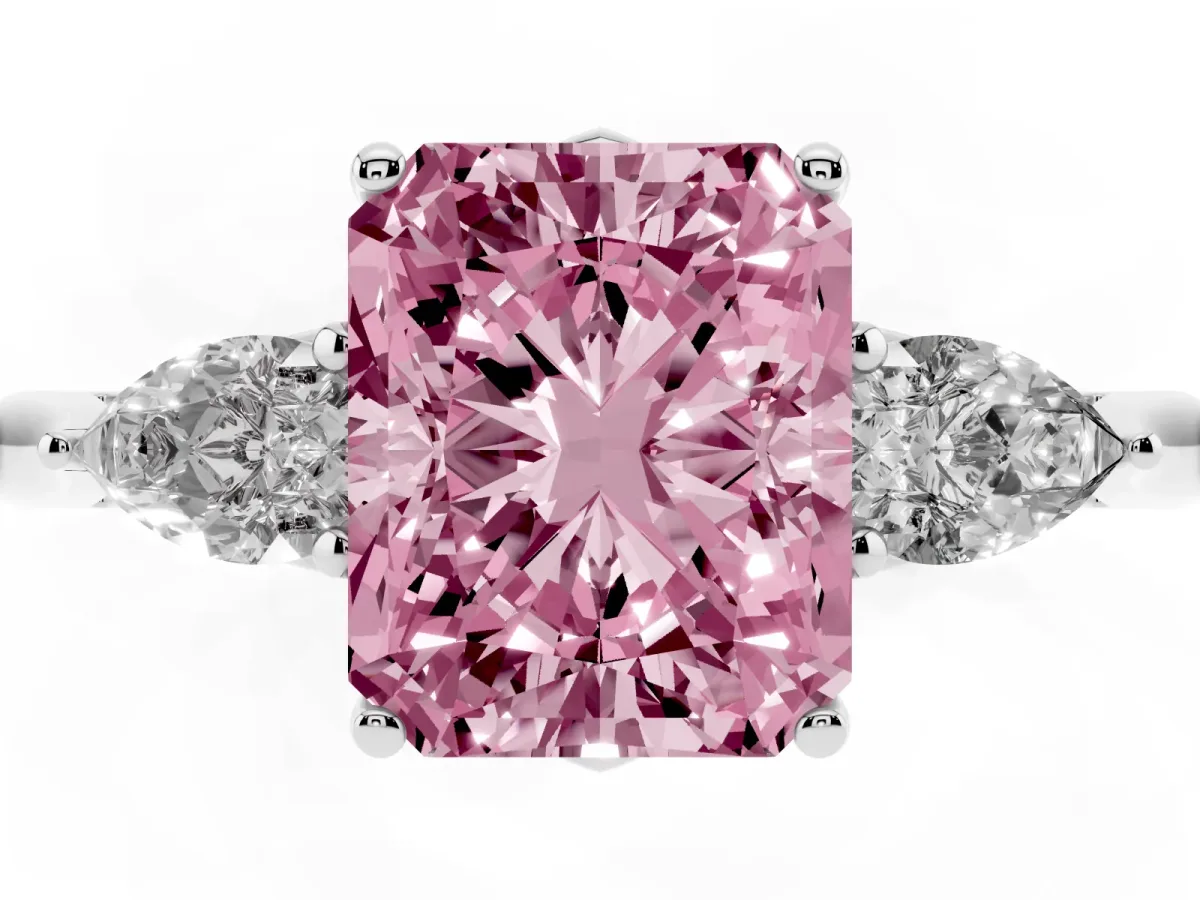 Fancy Pink Three-Stone Radiant Cut Diamond Ring with Pear Side Stones in Four-Prong Setting Silver