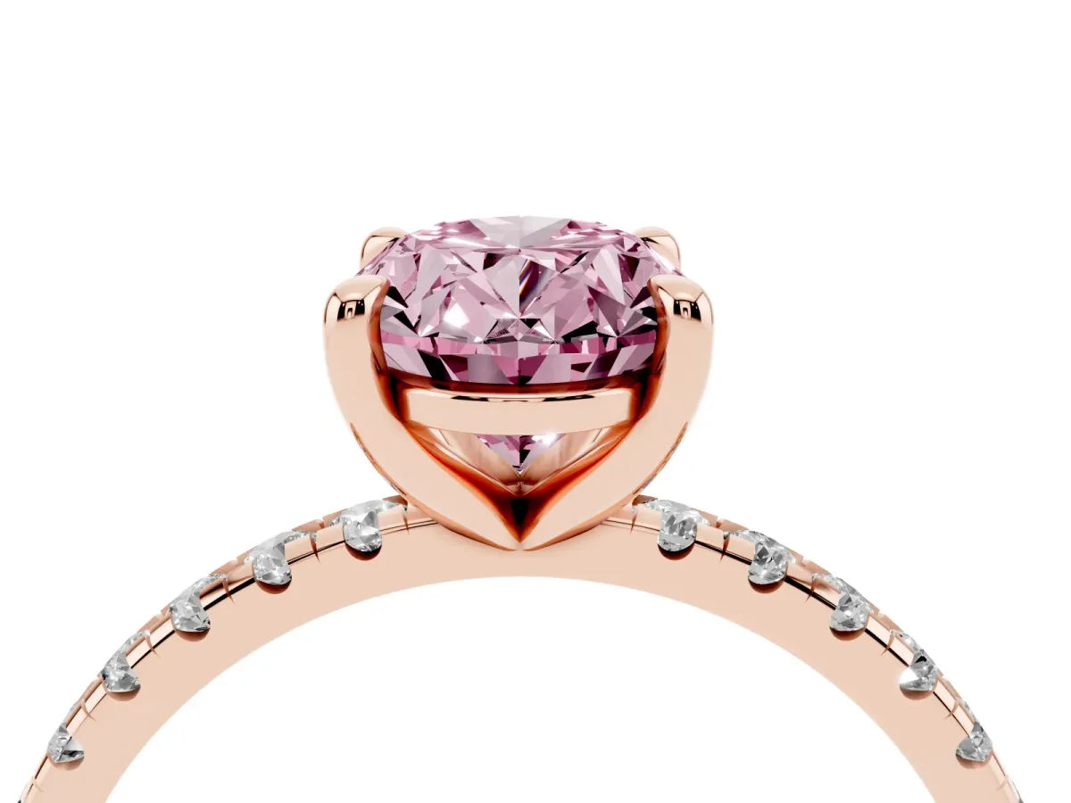 Fancy Pink Oval Cut Diamond Brilliant Solitaire Ring with Pavé Band and Four-Prong Setting Rose gold