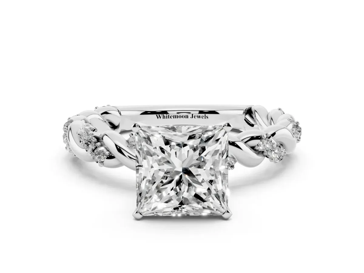 Princess Cut Diamond Solitaire Ring with Twisted Band and Pavé Accents White gold