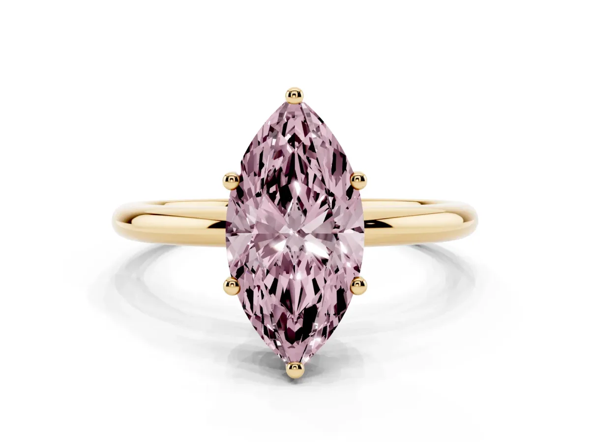 Fancy Pink Marquise Cut Cut Solitaire Engagement Ring with Four-Prong Setting and Classic Band Yellow gold