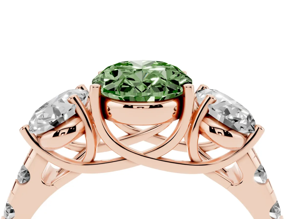 Fancy Green Three-Stone Oval Cut Diamond Pavé Band with Prong Setting Rose gold