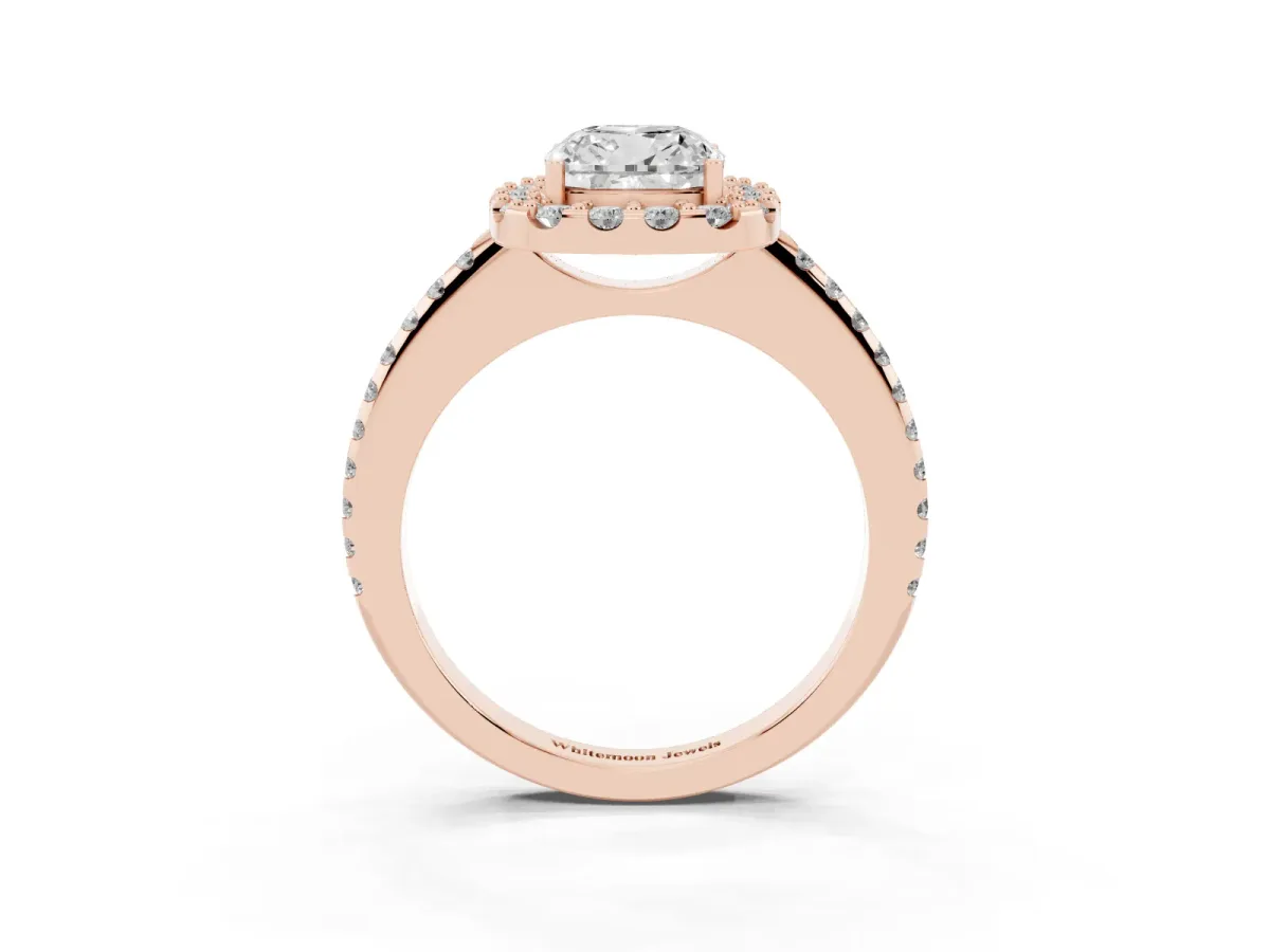 Cushion Cut Diamond Pavé Halo Ring with Four-Prong Setting Rose gold