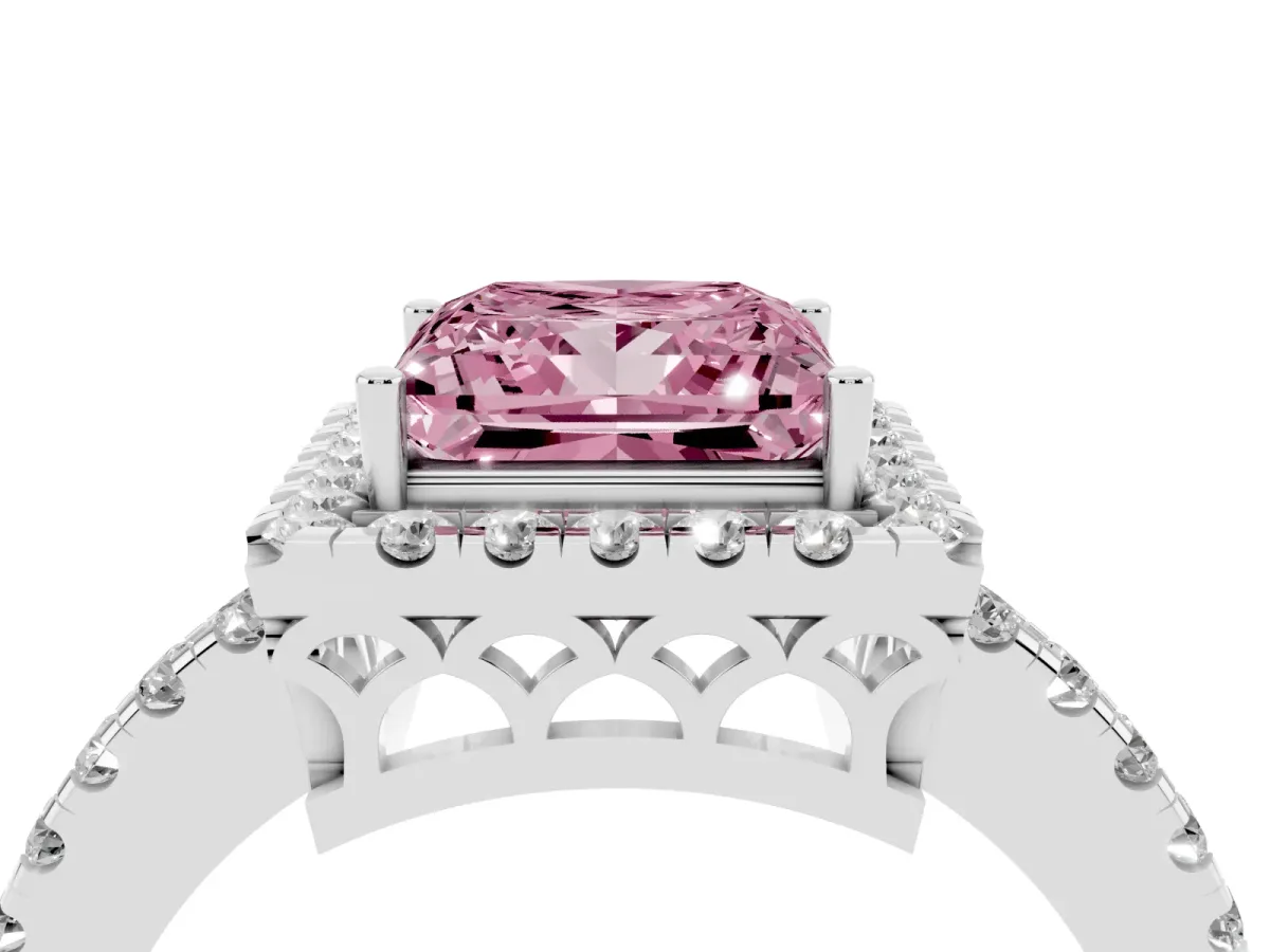 Fancy Pink Princess Cut Halo Diamond Engagement Ring with Pavé Band and Four-Prong Setting Silver