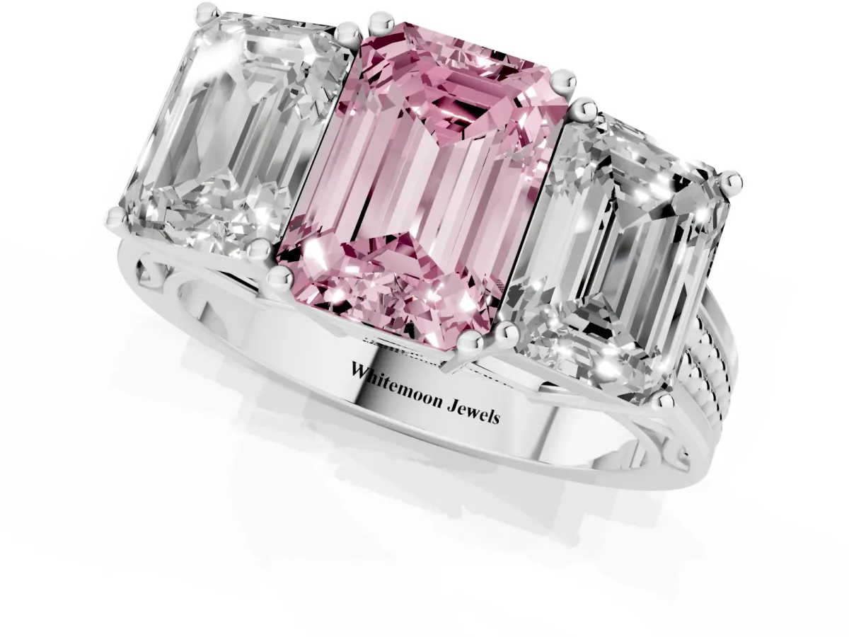 Fancy Pink Emerald Cut Diamond Three-Stone Ring with Prong Setting and Textured Band Silver