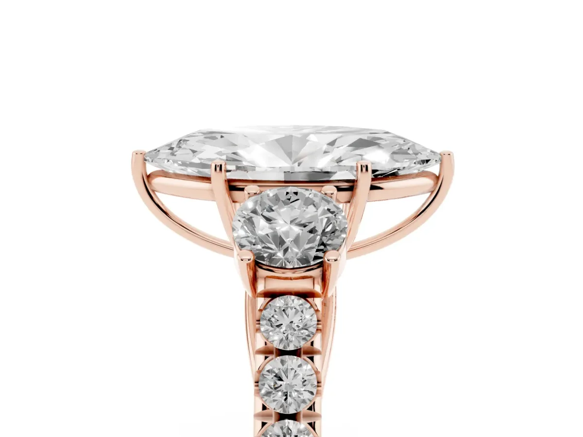 Marquise Cut Cut Diamond Three-Stone Ring with Round Side Stones and Pavé Band Rose gold