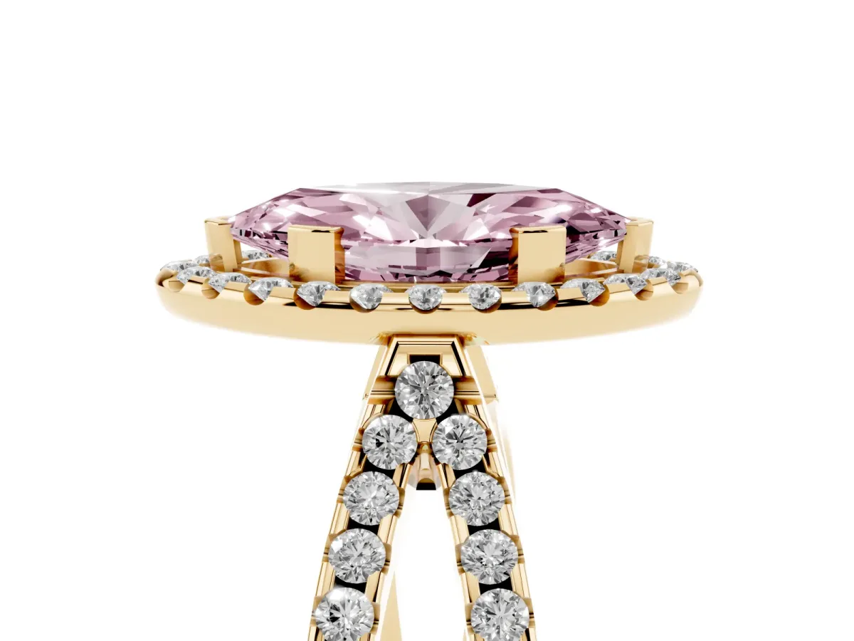 Fancy Pink Marquise Cut Diamond Halo Ring with Split Shank Pavé Band and Prong Setting Yellow gold