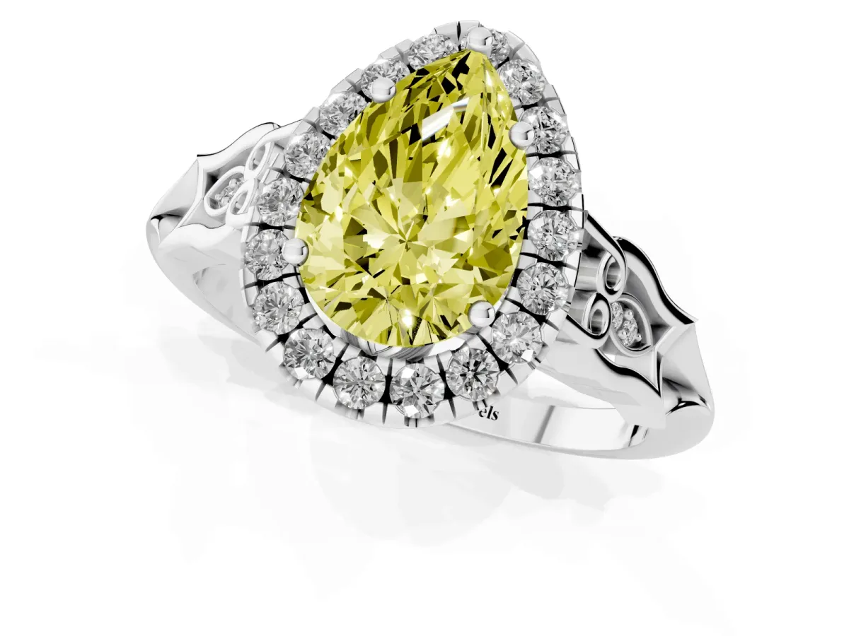 Fancy Yellow Pear Cut Halo Diamond Engagement Ring with Filigree Band and Four-Prong Setting White gold