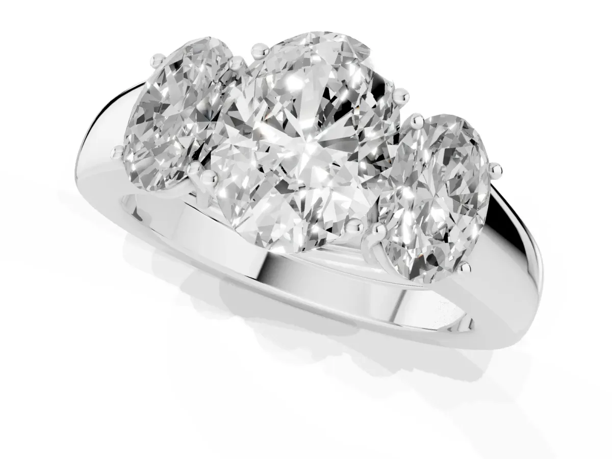Three-Stone Oval Cut Cut Diamond Ring with Prong Setting and Classic Band Silver