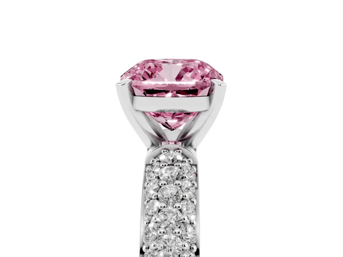 Fancy Pink Cushion Cut Diamond Solitaire Ring with Prong Setting and Pavé Band Platinum
