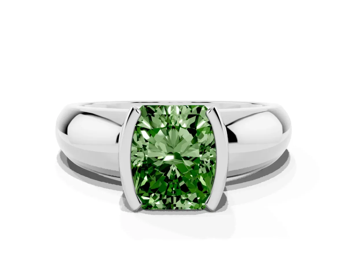 Fancy Green Radiant Cut Solitaire Tension Set Diamond Ring with Wide Band Silver