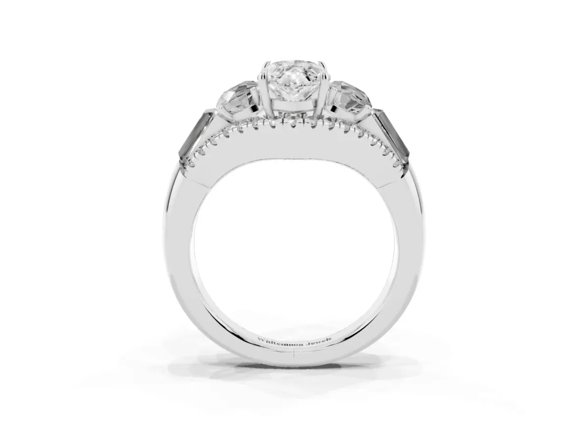 Three-Stone Marquise Cut Diamond Engagement Ring with Pave Band and Prong Setting Silver
