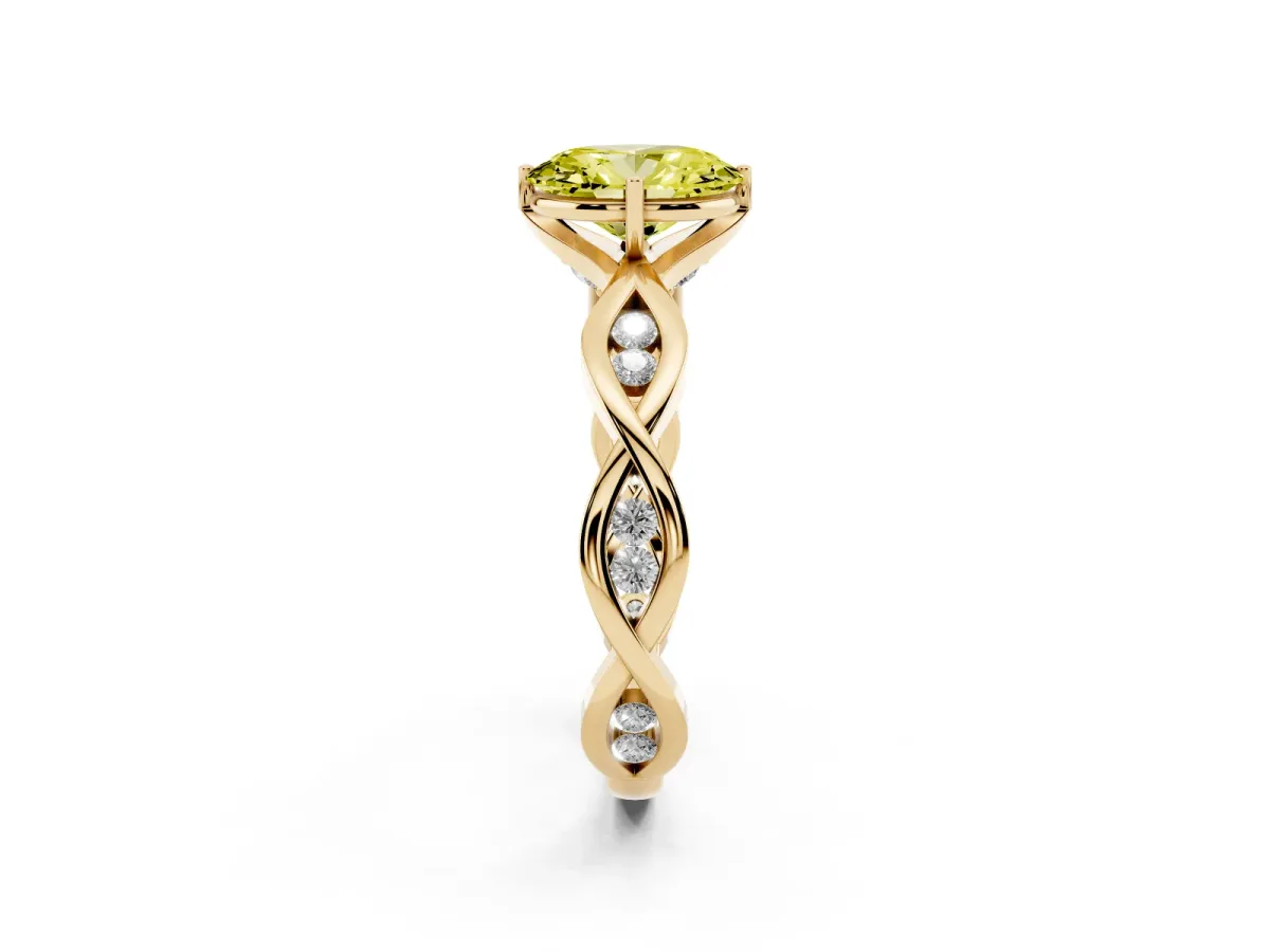 Fancy Yellow Oval Cut Solitaire Twist Band with Leaf Prong Setting Yellow gold