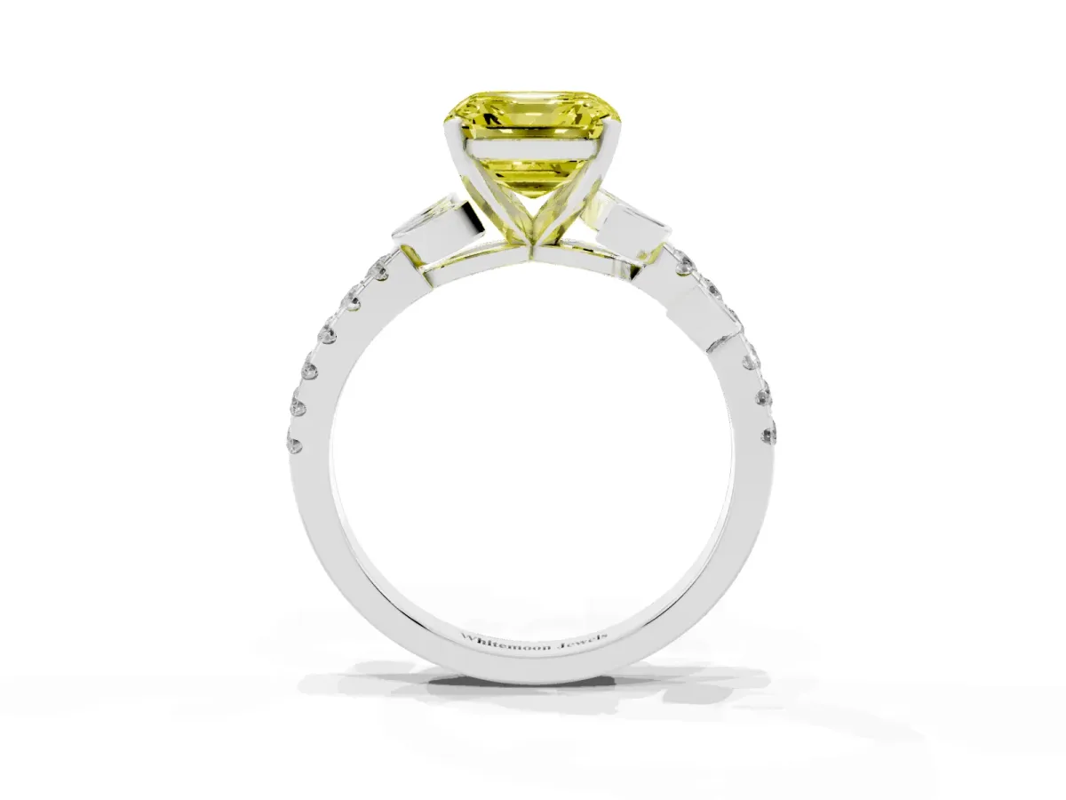 Fancy Yellow Asscher Cut Solitaire Leaf-Inspired Diamond Ring with Pavé Band and Four-Prong Setting Silver