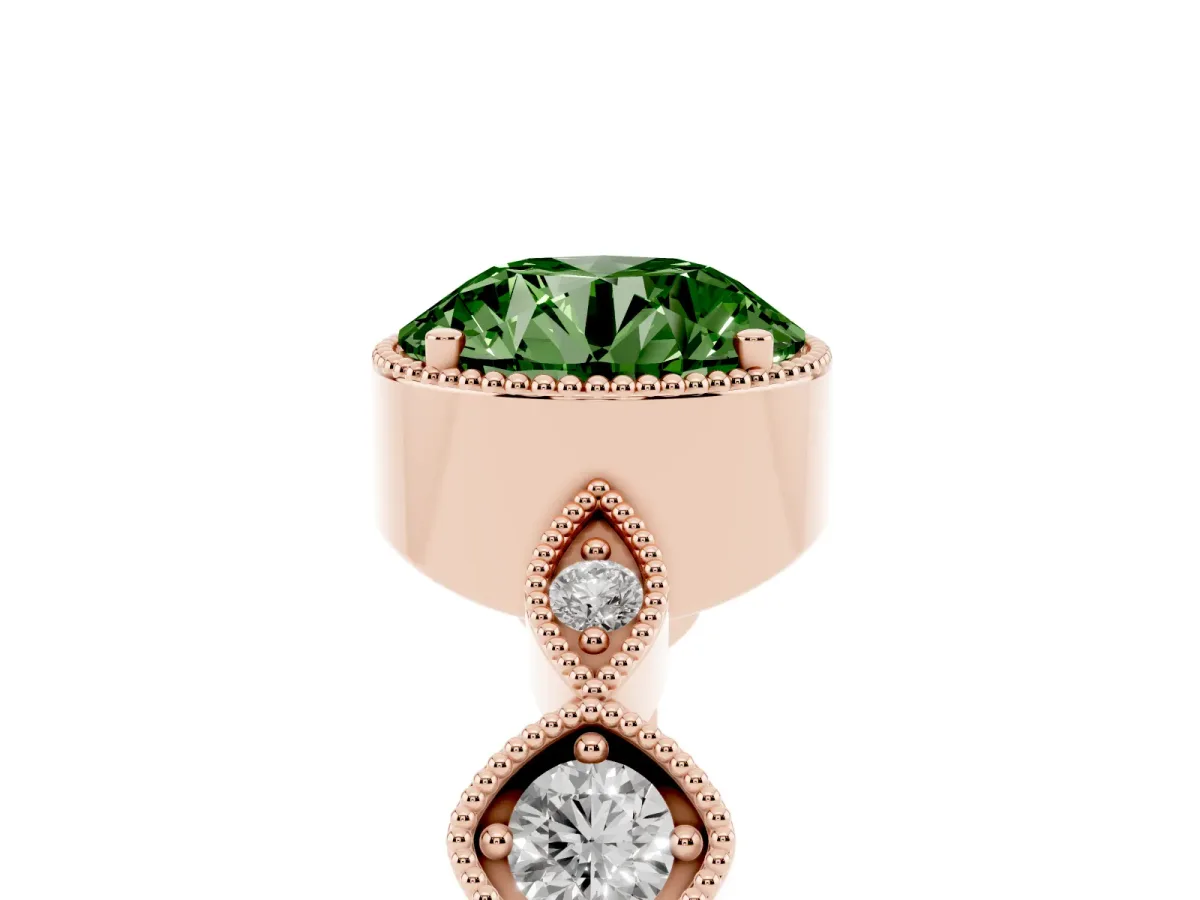 Fancy Green Round Cut Diamond Vintage Milgrain Ring with Round Stations Rose gold