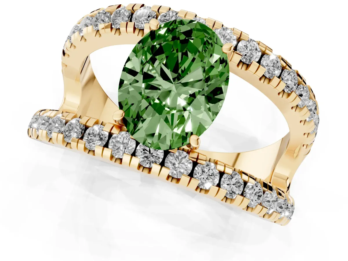 Fancy Green Oval Cut Solitaire Split Shank Pave Diamond Ring Yellow gold