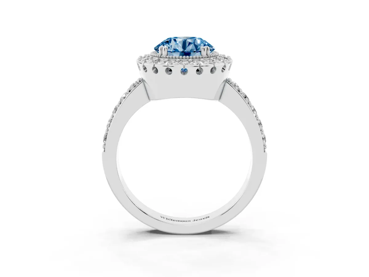 Fancy Blue Round Cut Diamond Halo Ring with Pavé Band and Prong Setting White gold