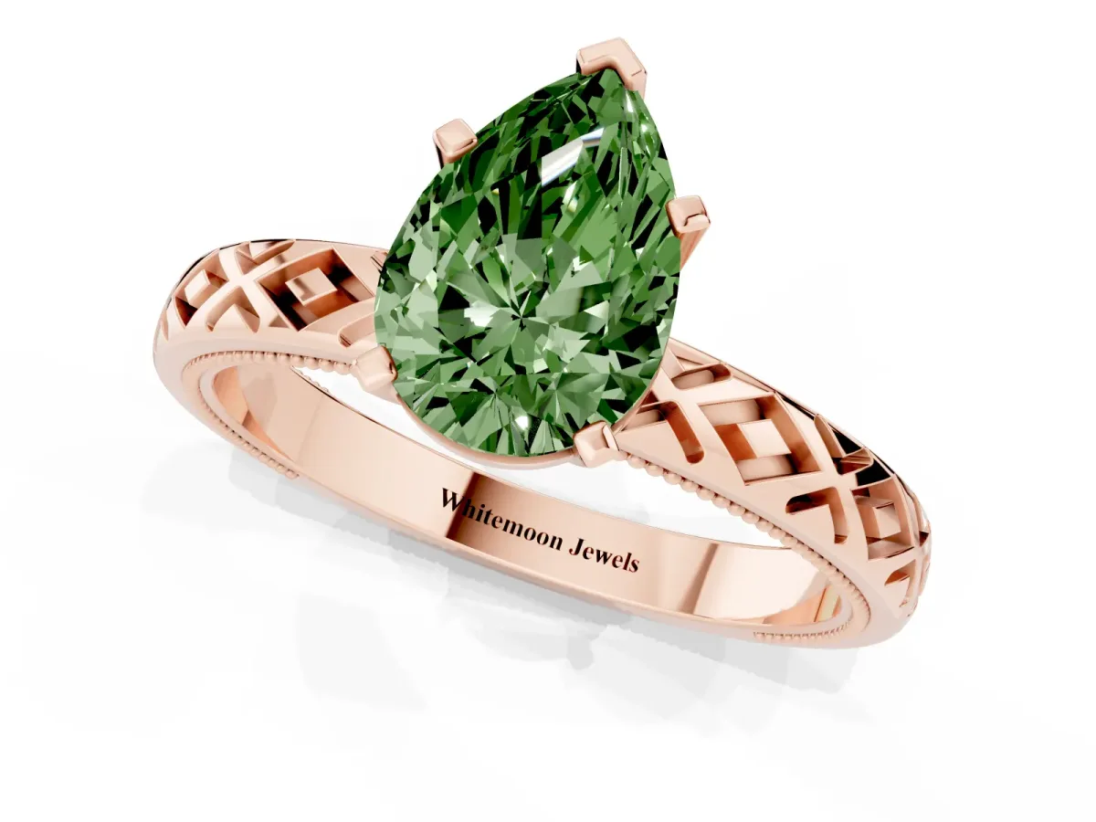 Fancy Green Pear Cut Solitaire Diamond Ring with Milgrain and Black Enamel X Pattern Band Rose gold