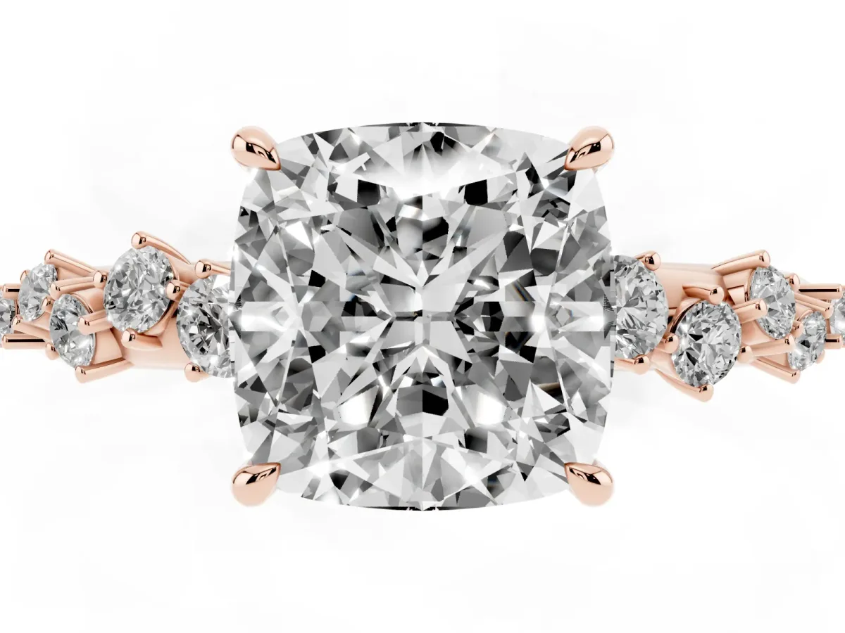 Cushion Cut Diamond Cluster Side Stone Solitaire Ring with Prong Setting Rose gold