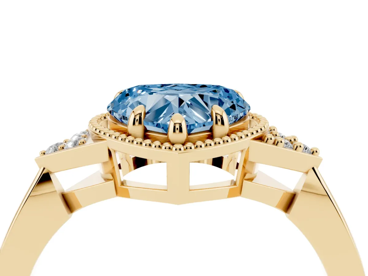 Fancy Blue Hexagonal Halo Heart Cut Diamond Solitaire with Pavé Band and Four-Prong Setting Yellow gold