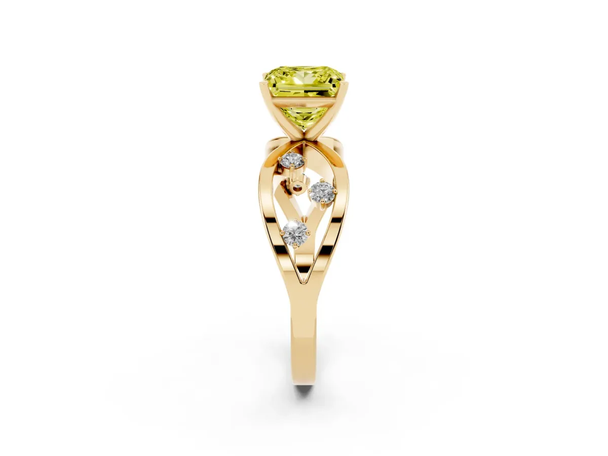 Fancy Yellow Princess Cut Cut Solitaire Diamond with Side Stones on Criss-Cross Band and Four-Prong Setting Yellow gold