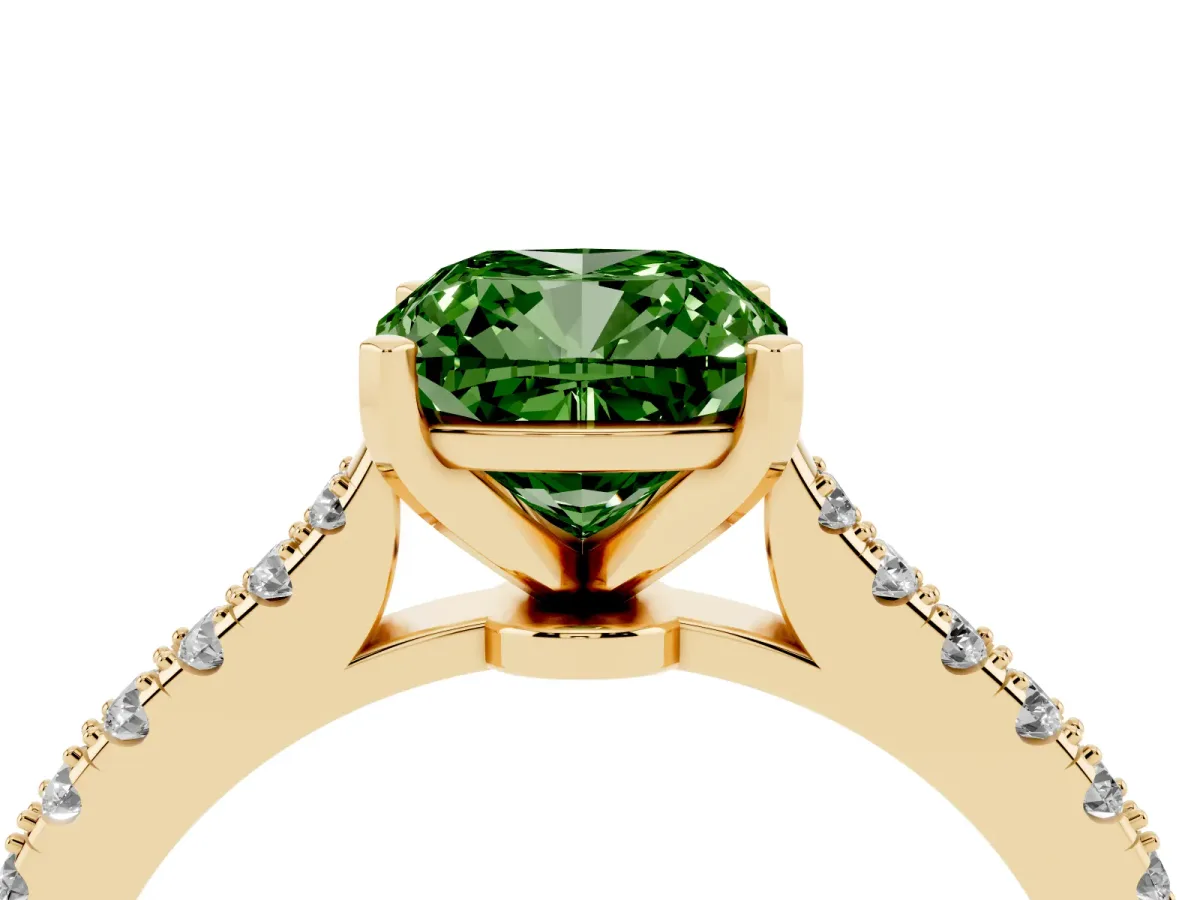 Fancy Green Cushion Cut Cut Solitaire Diamond Engagement Ring with Pave Band and Four-Prong Setting Yellow gold