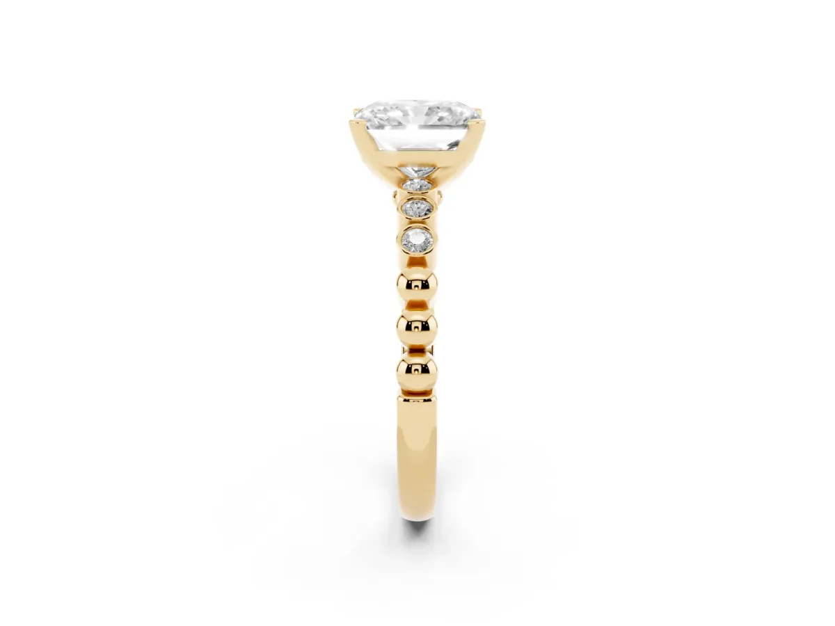 Radiant Cut Solitaire Bezel Accent Diamond Engagement Ring with Beaded Band and Four-Prong Setting Yellow gold