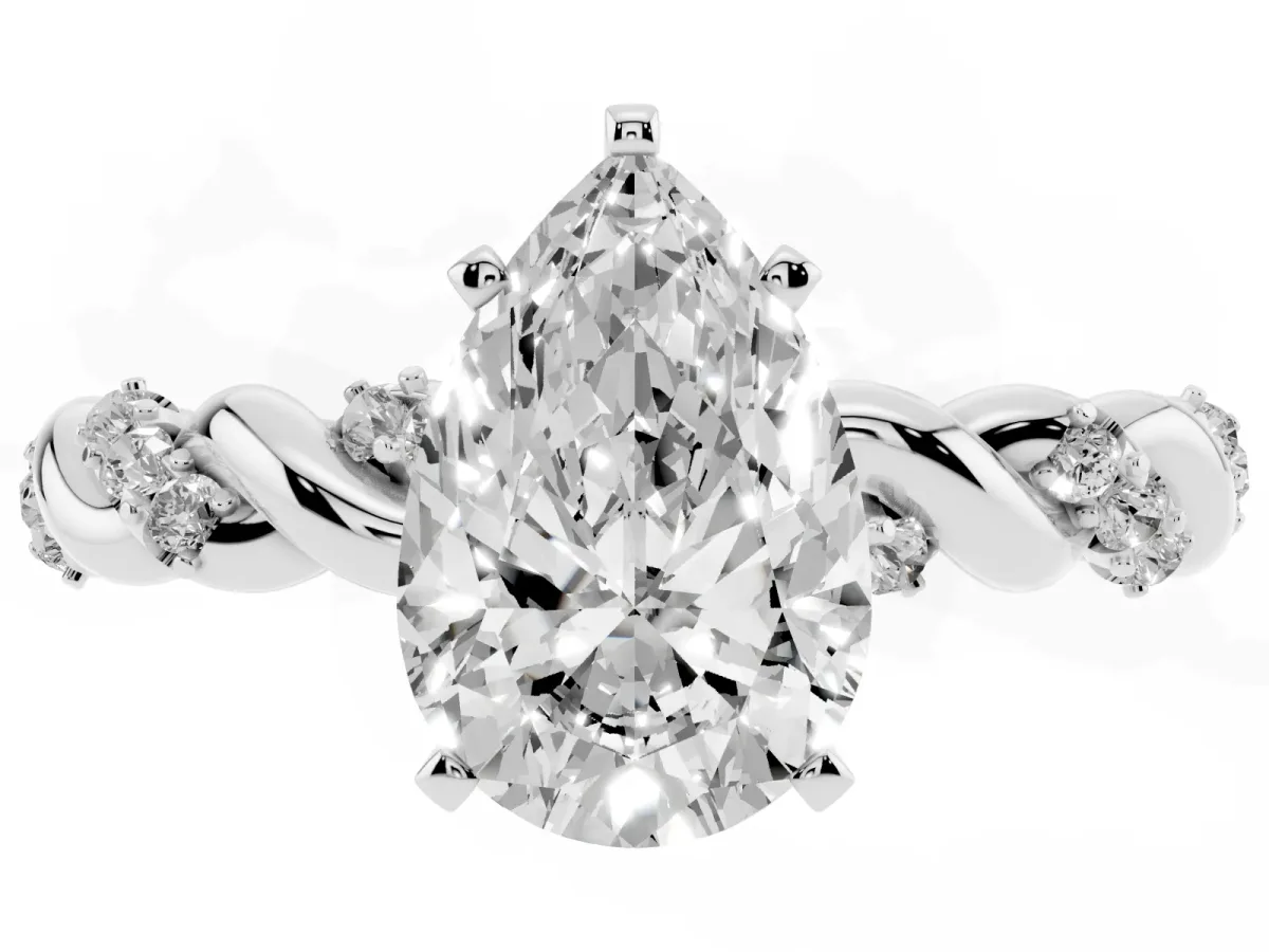 Pear Cut Diamond Solitaire Ring with Twisted Band and Pavé Accents Silver