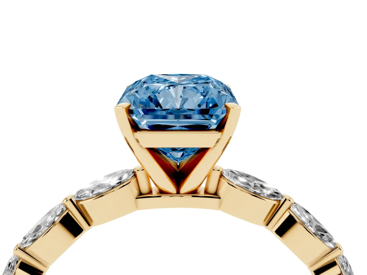 Fancy Blue Radiant Cut Diamond Ring with Marquise Side Stones and Prong Setting Yellow gold